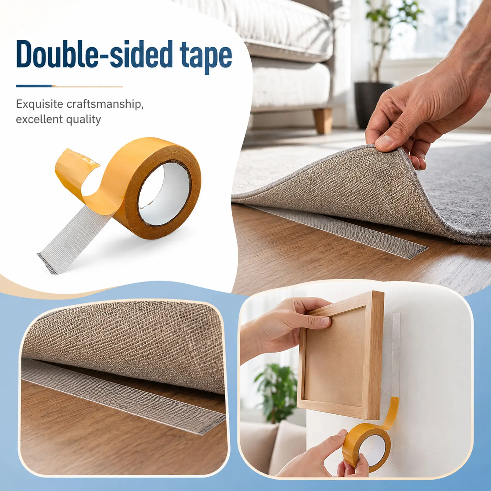 Heavy-Duty Double Sided Mesh Cloth Tape, 10 Meters Long/1/2/3/4/5 cm Wide, Strong Adhesive Tape for Carpet, Rugs and Flooring