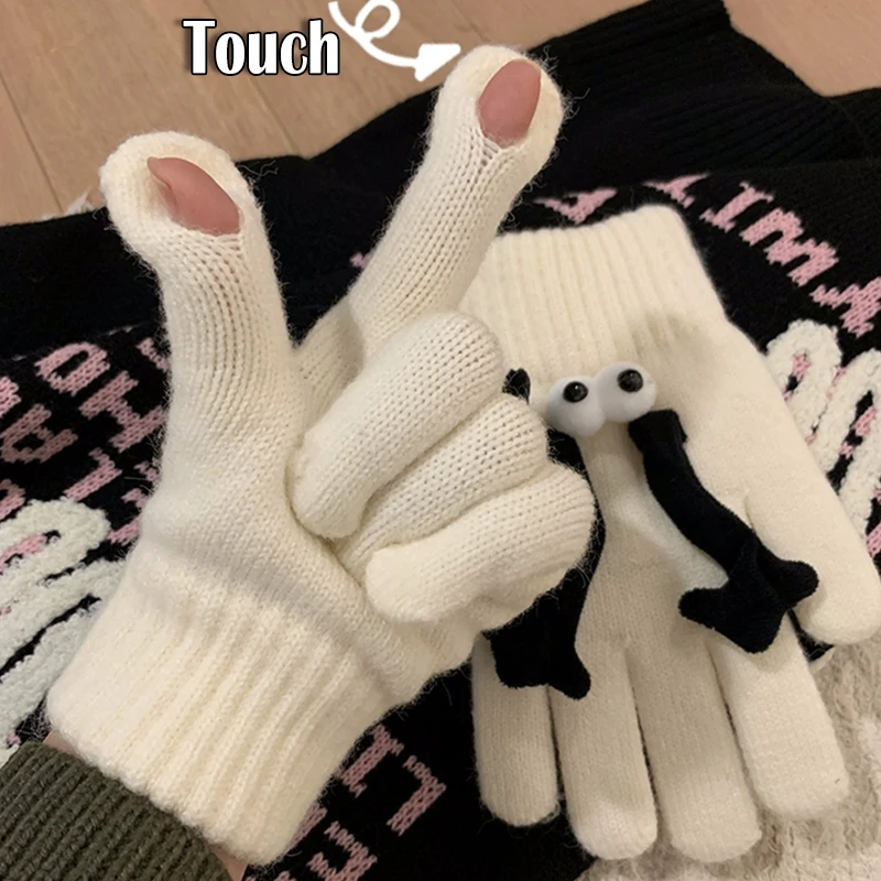 Cute Funny Gloves Hand in Hand Magnetic Attraction Hands Cartoon Eyes Couples Gloves Open Fingered Winter Warm Riding Mittens