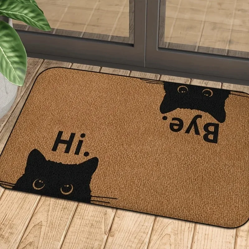 Funny Cat Doormat Hi Bye Welcome Mat Crystal Velvet Faux Coir Non Slip Dirt Trapper Front Door Floor Mat