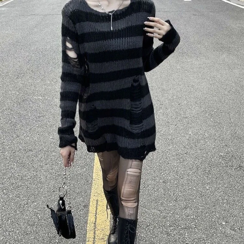 

New Goth Punk Gothic Sweater Oversized Pullovers Women Striped Cool Hollow Out Hole Broken Jumper Harajuku Aesthetics Sweater