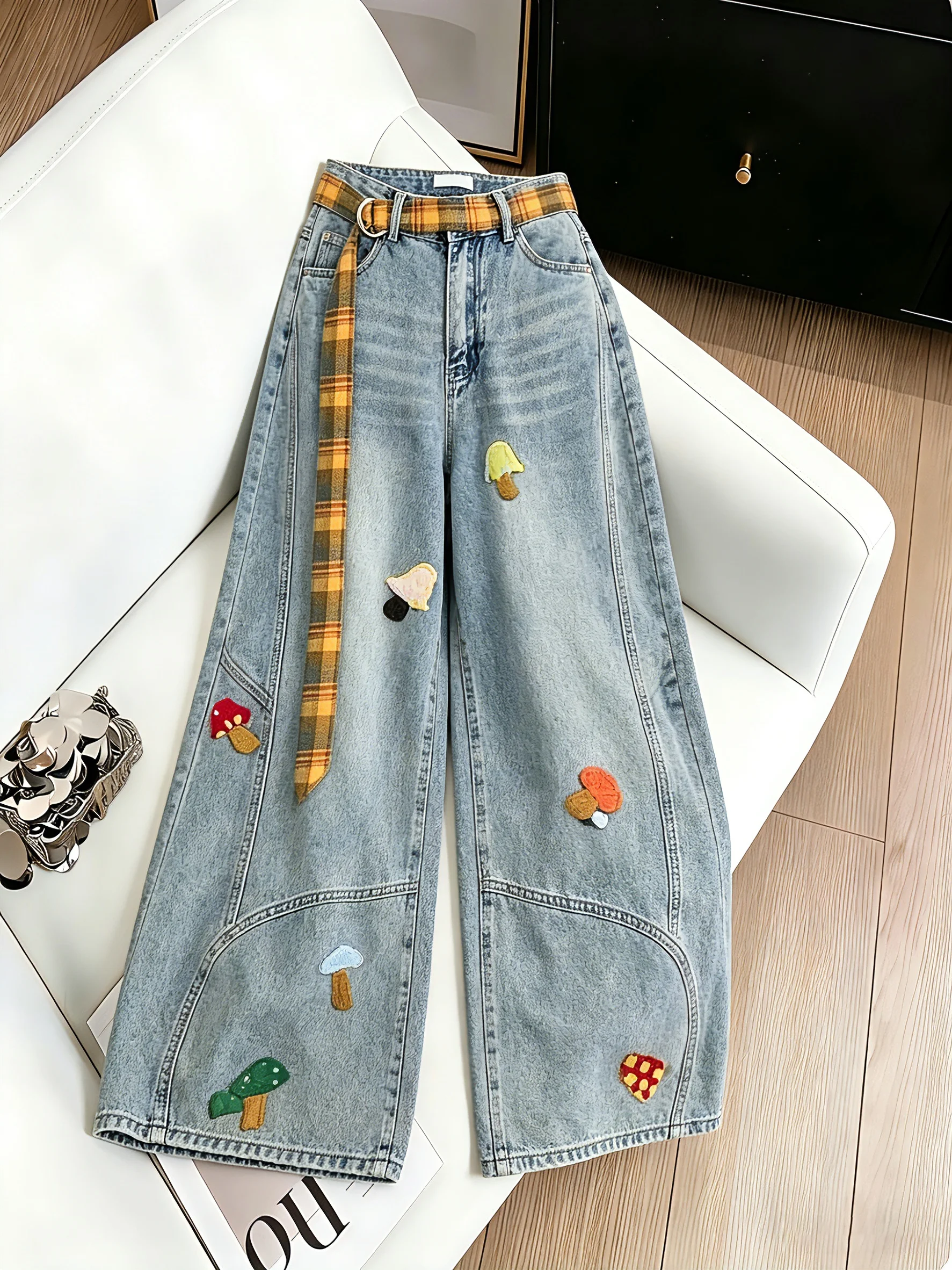 

Retro American Washed Denim Jeans Women's Summer Trendy Brand Design Loose Match Long Pants Cartoon Print High Waist Wide Leg