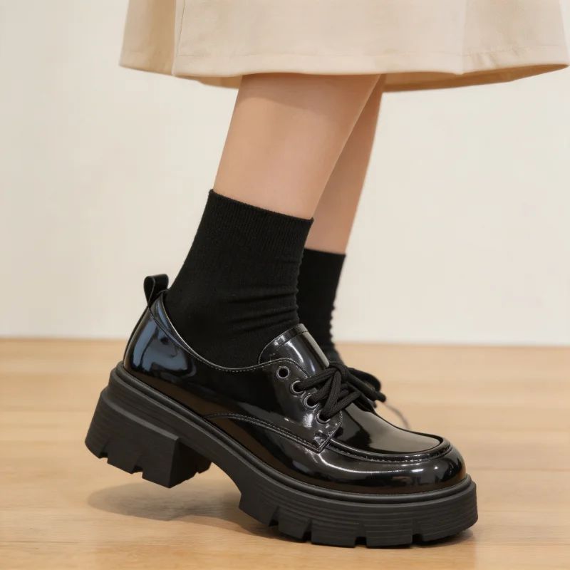 Glossy PU leather British-style lace-up loafers, height-increasing thick-soled non-slip shoes, casual and simple everyday commuter women's leather shoes, retro college-style platform shoes