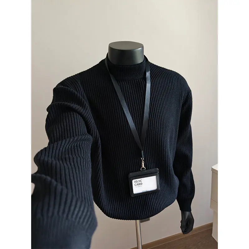 

Men's Mid-Ne Knitted Sweater f-High Collar Stripe Pattern Basic Sle Autumn Winter Slim Fit Casual Faion Vintage Sle