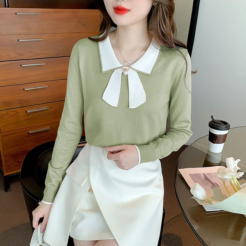 Autumn Fashion Chic Turn-down Collar Knitwear Vintage Elegant Solid Sweaters Female Clothing Loose Long Sleeve Pullovers