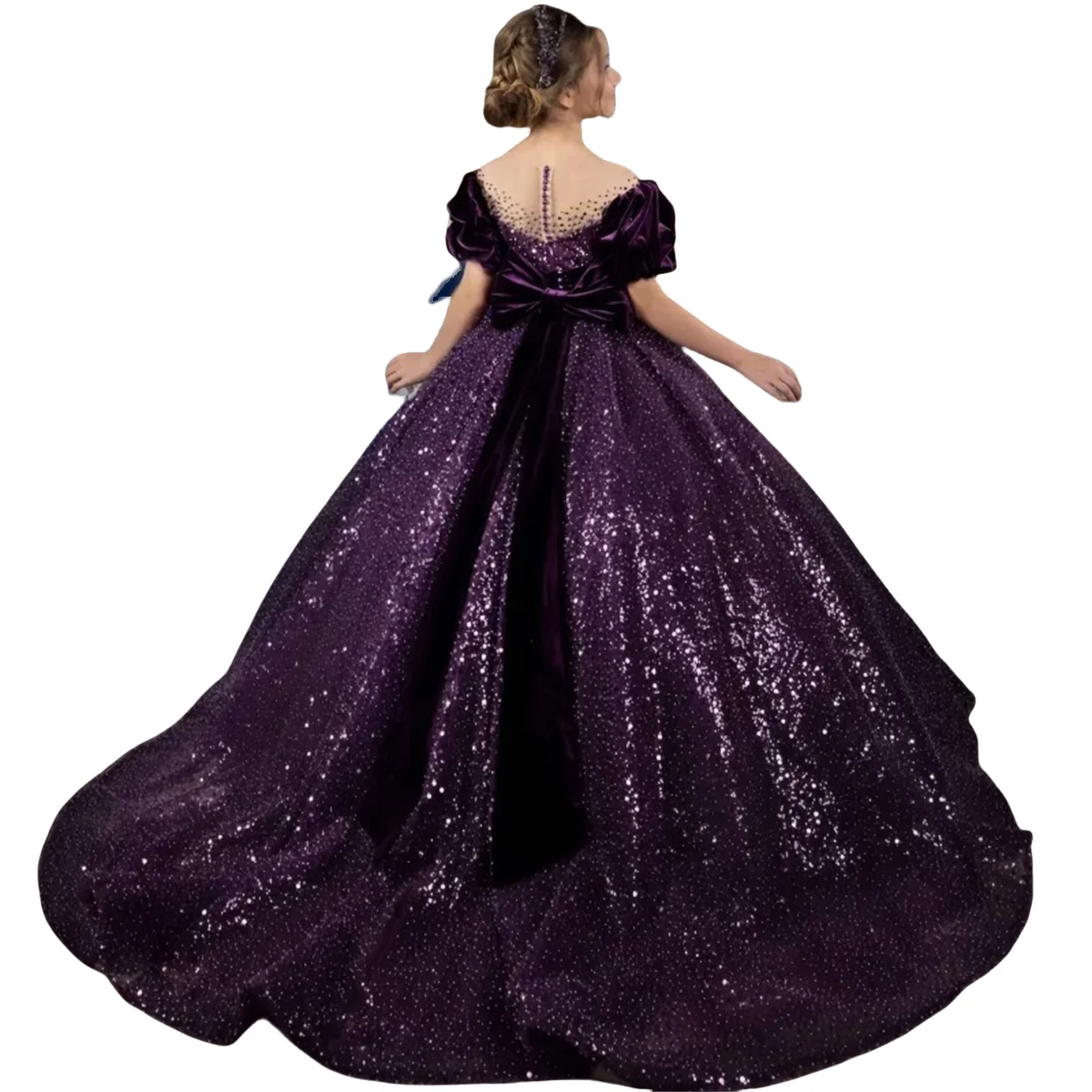 

Purple Sequins Flower Girl Dress for Wedding Sheer Neck Girls Pageant Dresses Floor Length Kids Prom Ball Gowns