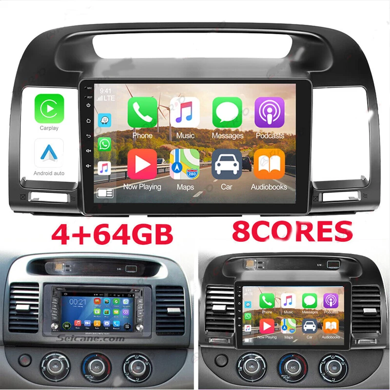 ملاحة سيارة أندرويد 15 مقاس 9 بوصة مدمجة Carplay Android Auto 2 + 64G + كاميرا AHD + ميكروفون لسيارة تويوتا كامري 2000 - 2006