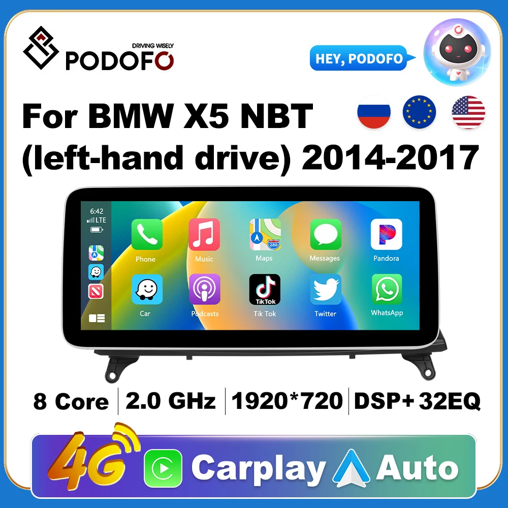 Podofo Wireless CarPlay Andorid Auto Car Radio For BMW X5 X6 F15 F16 2014-2017 left-hand drive Multimedia GPS 2din autoradio