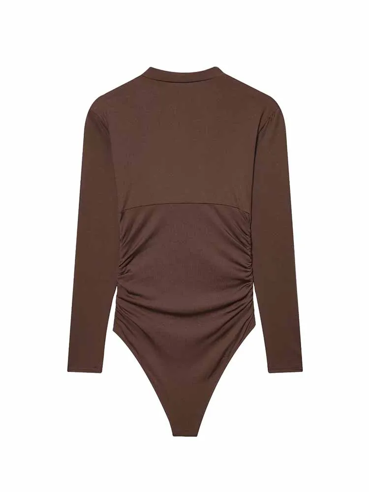 Hh mulher primavera tendência moda mangas compridas decote em v profundo plissado decoração macacão feminino casual cor sólida versátil topos