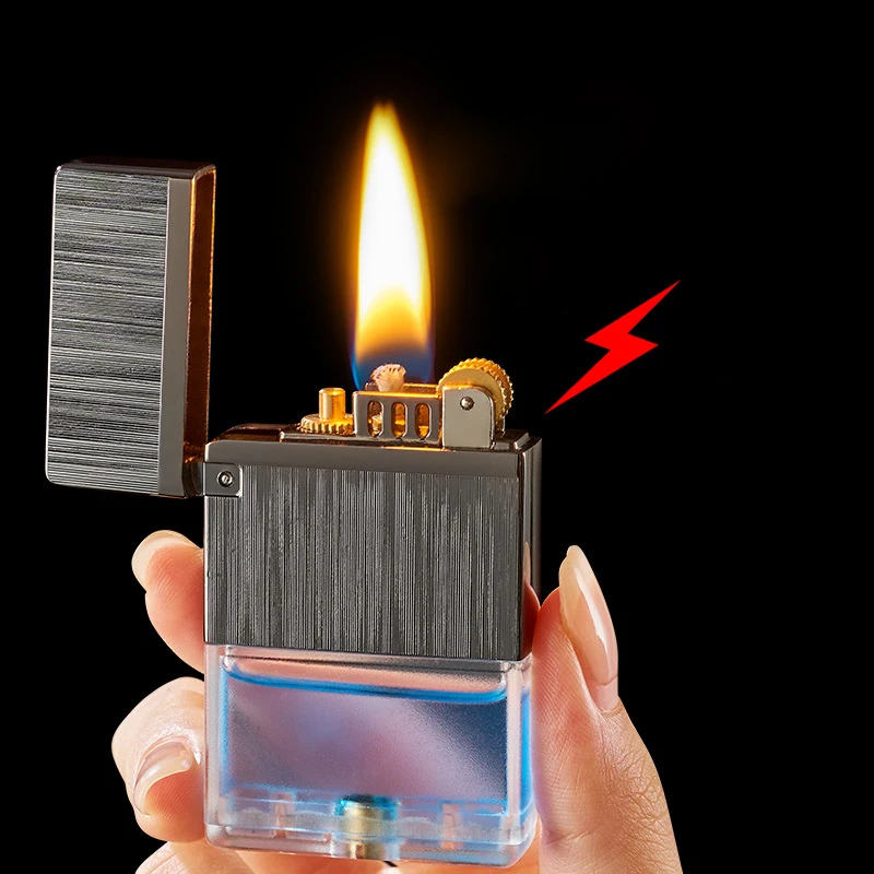 New Metal Windproof Kerosene Lighter Creative Transparent Oil Tank Classic Grinding Wheel Ignition Smoking Accessories Gadgets