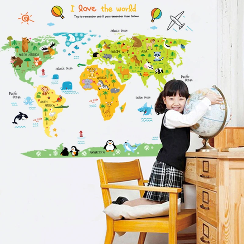 Cartoon Animal Tribe Map Wall Decals Children Education Puzzle Game Know World Vinyl Stickers DIY Home Decoration for Kids Room