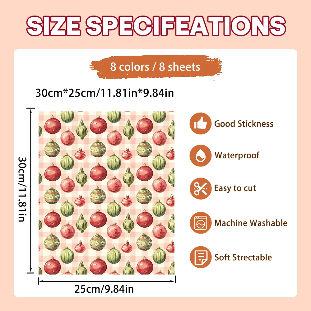 8Pcs Soft Touch Watercolor Iron-on, Berry Holly Stripe Snowflake, Lightweight Vinyl for Chiffon Shirts & Short Tunics