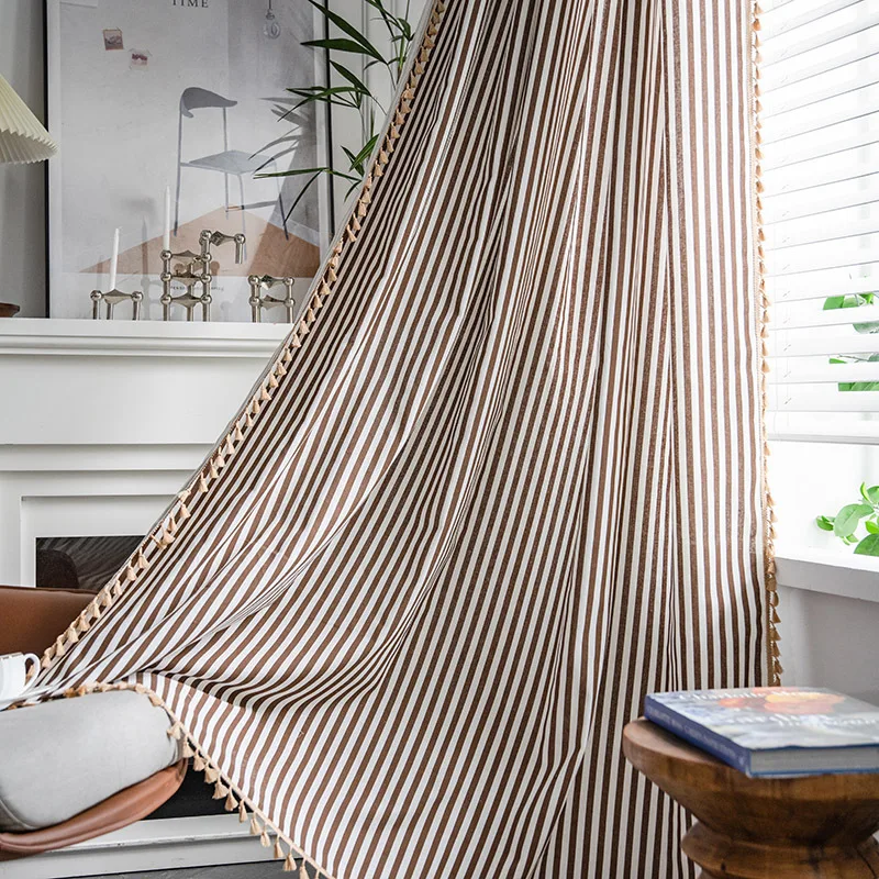 

Curtains for Living Room Bedroom Kitchen Home Decoration Bay Window Curtains American Style Coffee Color Striped Cotton Linen