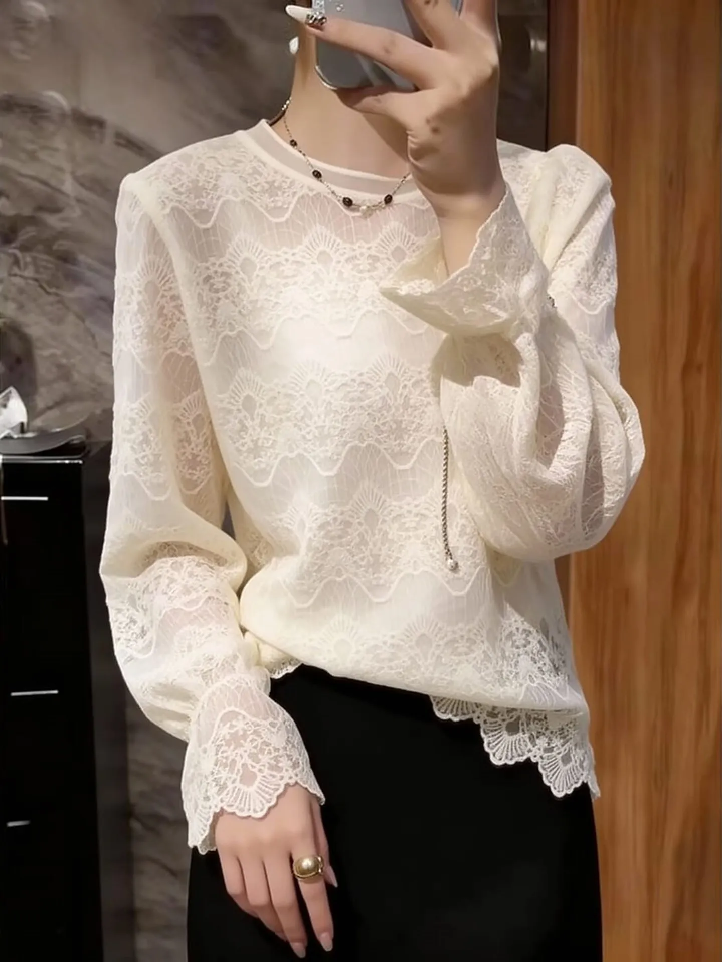 

Ele Lace Splice Long Sve Base irt Женский зимний модный уникальный красивый расклешенный топ Sve Ladies Soft Sle