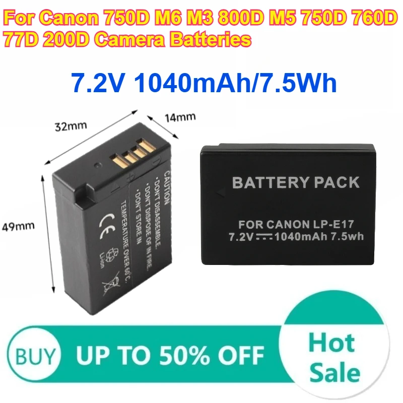 

Аккумулятор Li-ion LP-E17 7.2V 1040mAh/7.5Wh для камер Canon 750D, M6, M3, 800D, M5, 760D, 77D, 200D (замена)