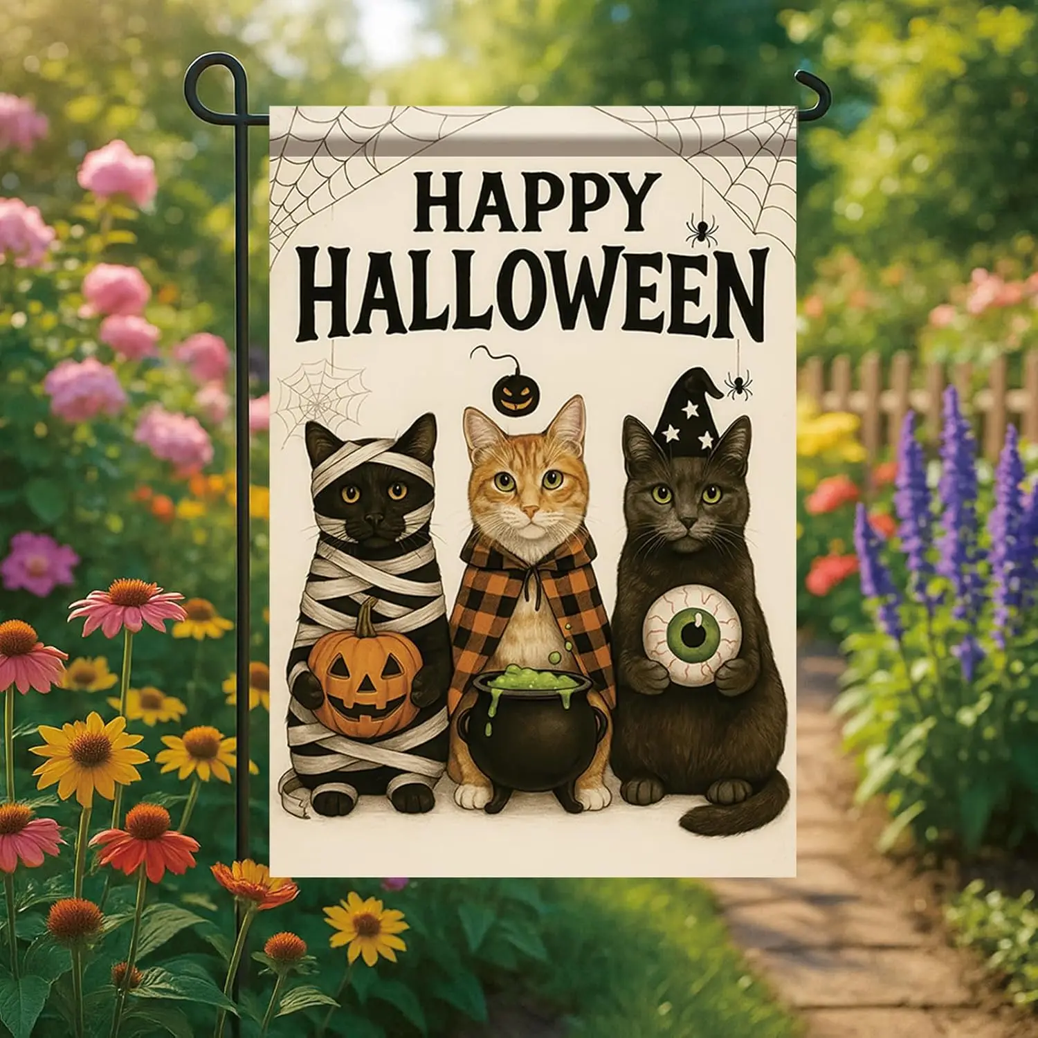 Halloween Garden Flag Mummy Pumpkin Cat Witch Cauldron Flag 12x18 Inch Double Sided Outdoor Yard Banner for Trick or Treat H yyi