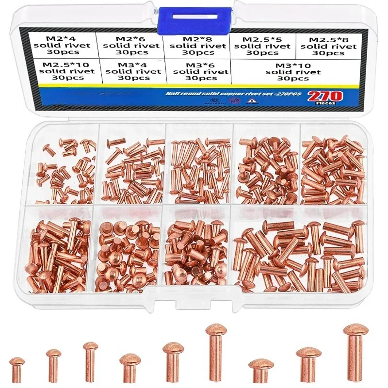 270Pcs Flat/Round Head Garment Rivets Self Plugging Knock-on Solid Rivet Nail Bolt Copper Fasteners for Leather Working Supplies