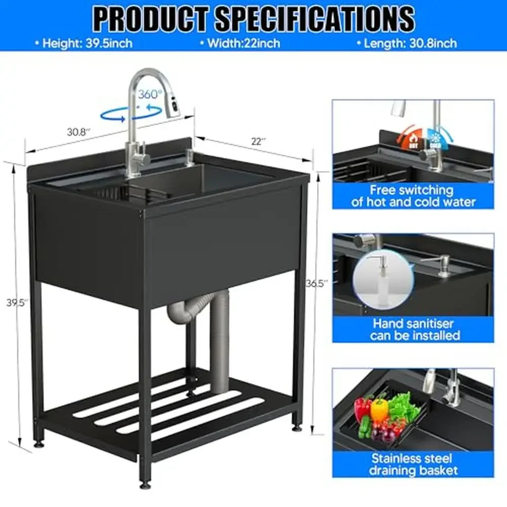 Stainless Steel Single Bowl Utility Sink with Cold & Hot Water Faucet Drain & Adjustable Feet 30