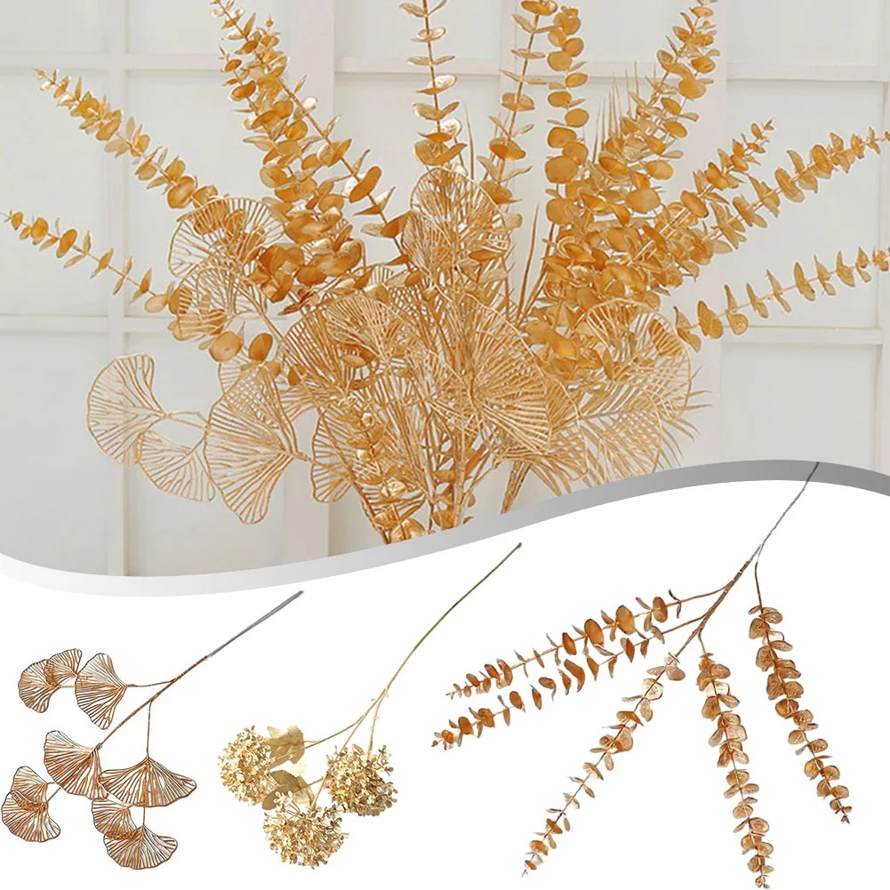 1 Pcs Golden Artificial Eucalyptus And Ginkgo Leaves 33 Inch Fake Foliage Stems For Home Wedding Party Decor Gold