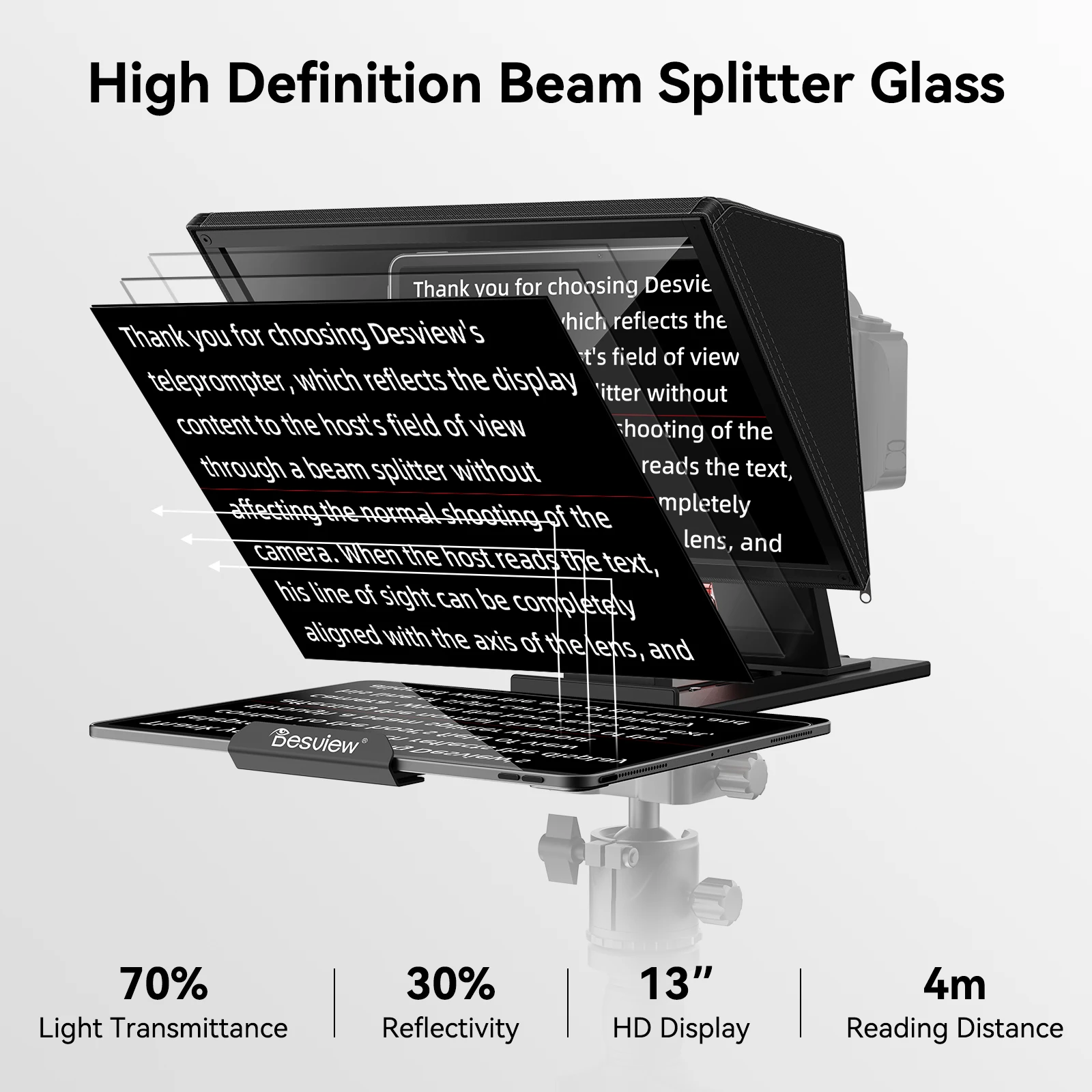 Desview P13 Teleprompter 13 Inch Aluminum Alloy Compatible with iPad Tablet Phone DSLR, No-Assembly Design for Video Recording