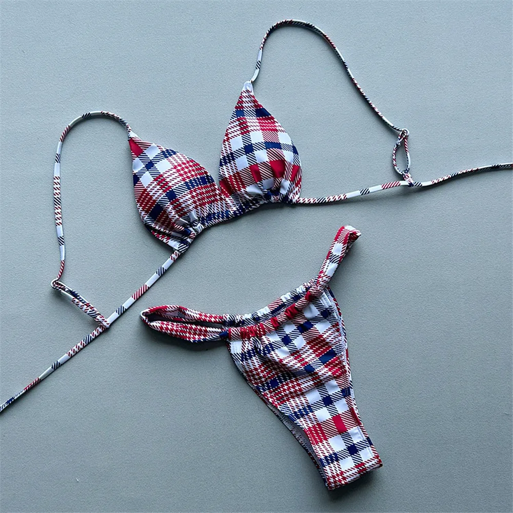 

Микро-бикини с клетчатым принтом, сексуальный купальник-халтер с треугольными чашечками, женский комплект бразильских бикини 2026