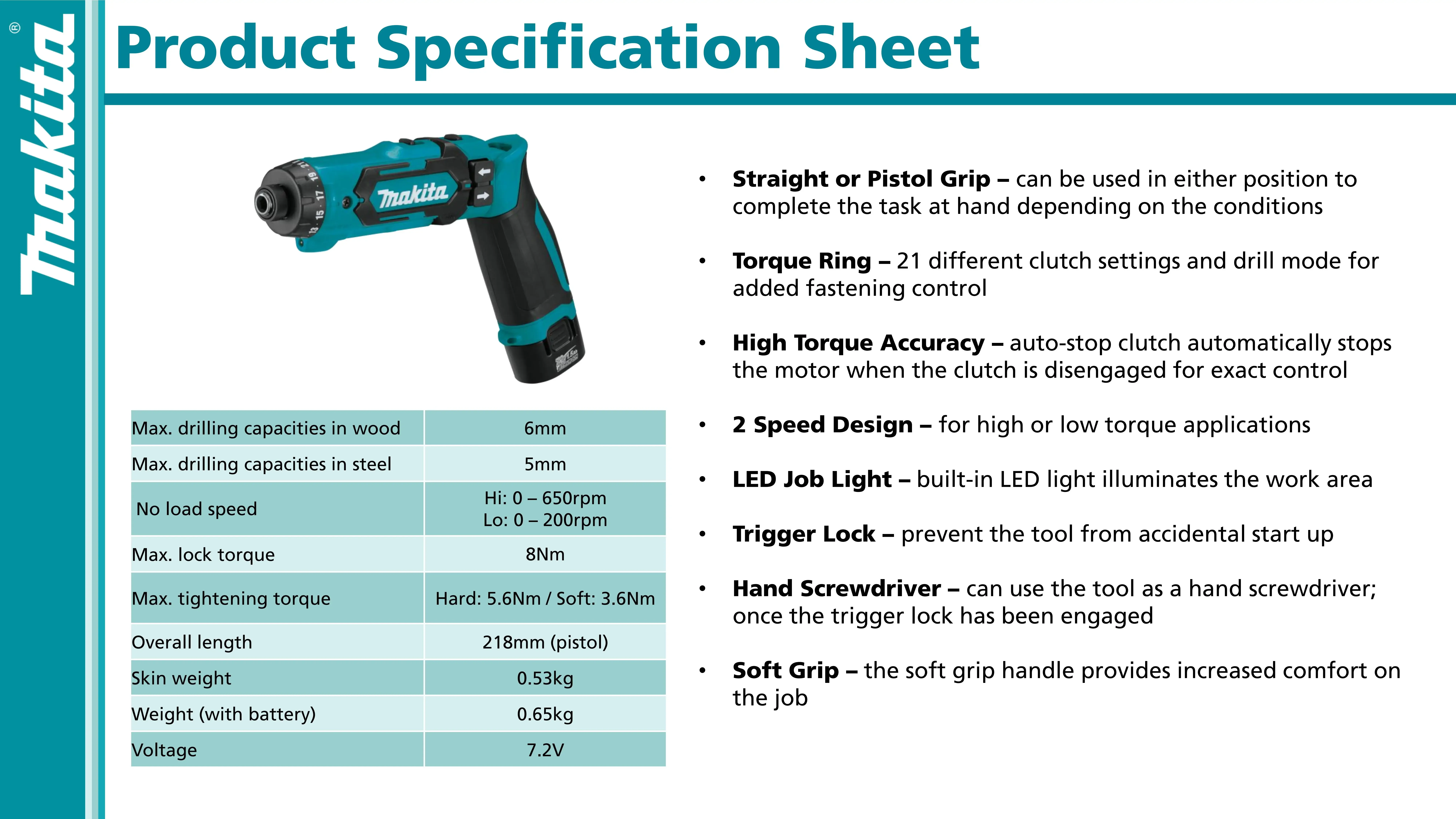 Makita DF012DSE Kit Cordless Compact Driver Pencil Electric Screwdriver 7.2V Lithium Power Tools Drill With Battery Charger