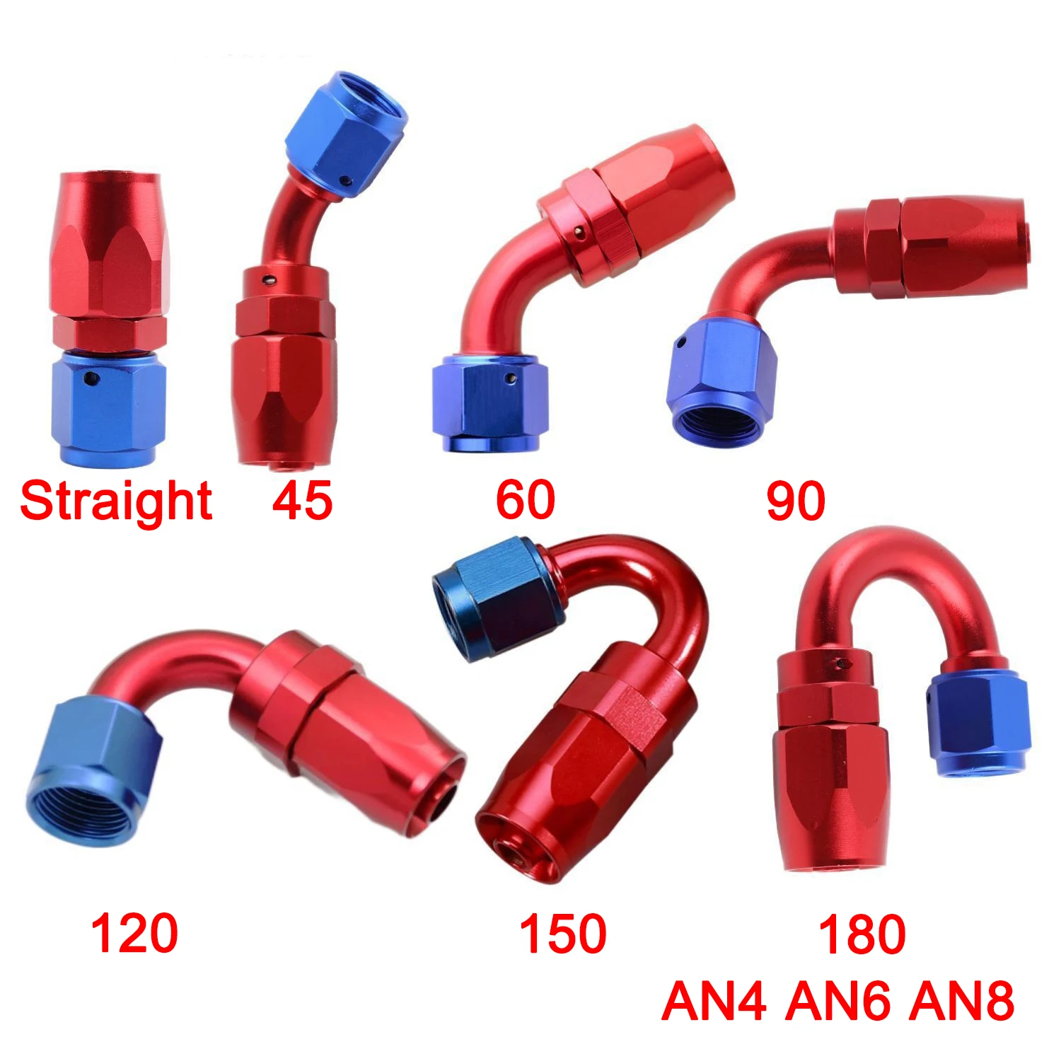 1 Pc Red&Blue 45 60 90 120 150 180 Degree Oil Fuel Swivel Hose End Fitting Oil Hose End Adaptor Kit AN4 AN6 AN8 Straight