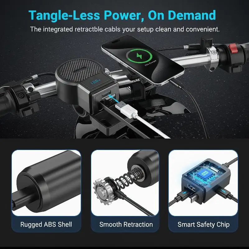Motorcycle USB Charger With Retractable Cable Quick Charge Portable Waterproof 12V Phone Charger For Bike Handlebar
