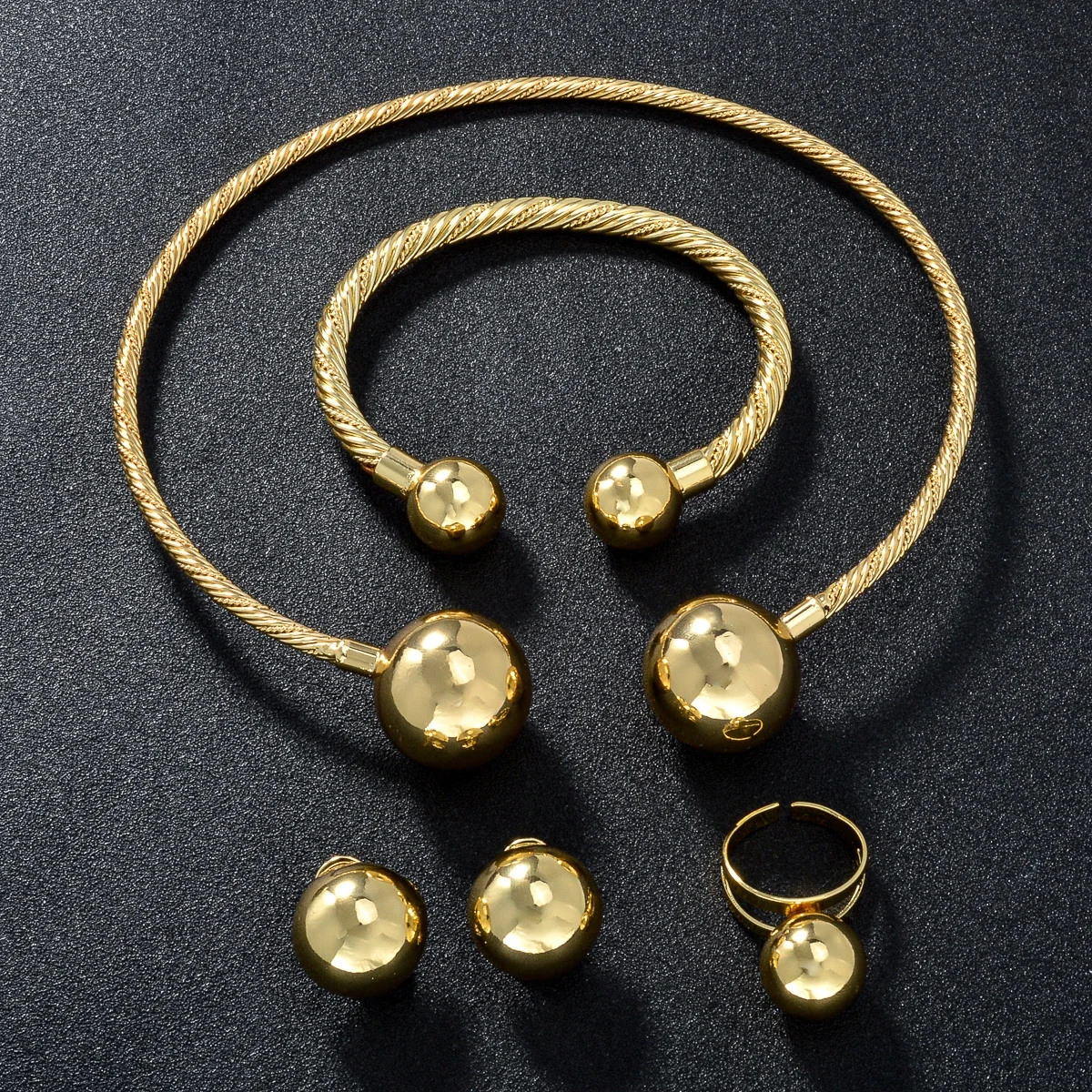 ZEADear 18k Gold Plated Jewelry Sets Big Bead Ring Fashion Earring Unclosed Round Choker Necklace Hiphop Bracelet Christmas Gift