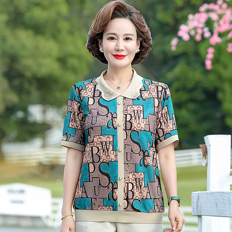 

T-shirt Women's Lapel New Thin Loose Printed Short-sleeved Top