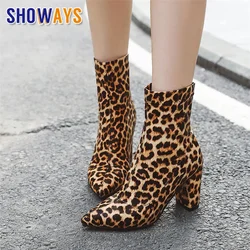 Plus Size autunno inverno stivaletti donna punta a punta tacco alto argento leopardo Casual signora tessuto elasticizzato stivali a calzino corto