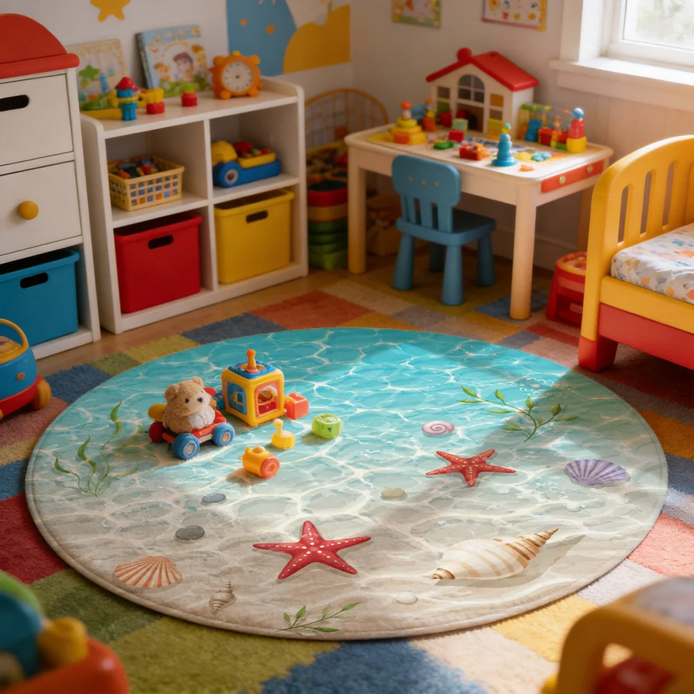 Beach Ocean Scene Round Area Rug Nautical Coastal Decor Bathroom Living Room Mat Sea Life Starfish Shell