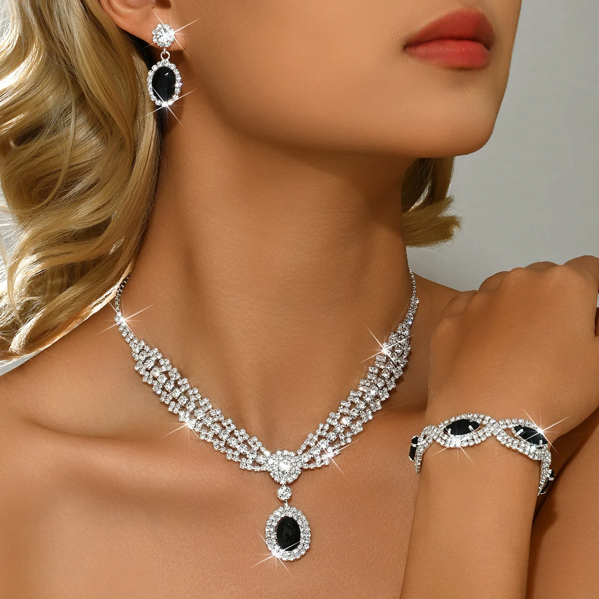 Bridal Colorful Treasure Set with Crystal Three Piece Necklace, Earrings, Bracelet, Wedding Toast Dress, Luxury Accessories