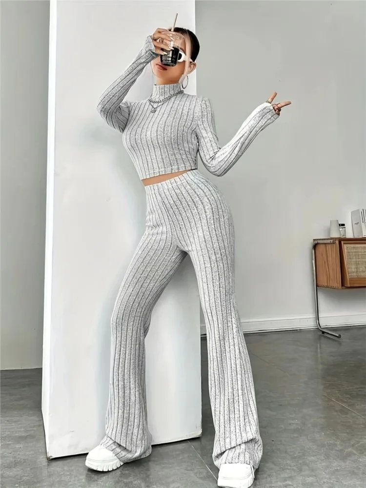 Fashionable Knitted Long-sleeved Turtleneck Sexy Waist Suit Spring Women\'s Hoodie Loose Long-sleeved Trousers Two-piece Set