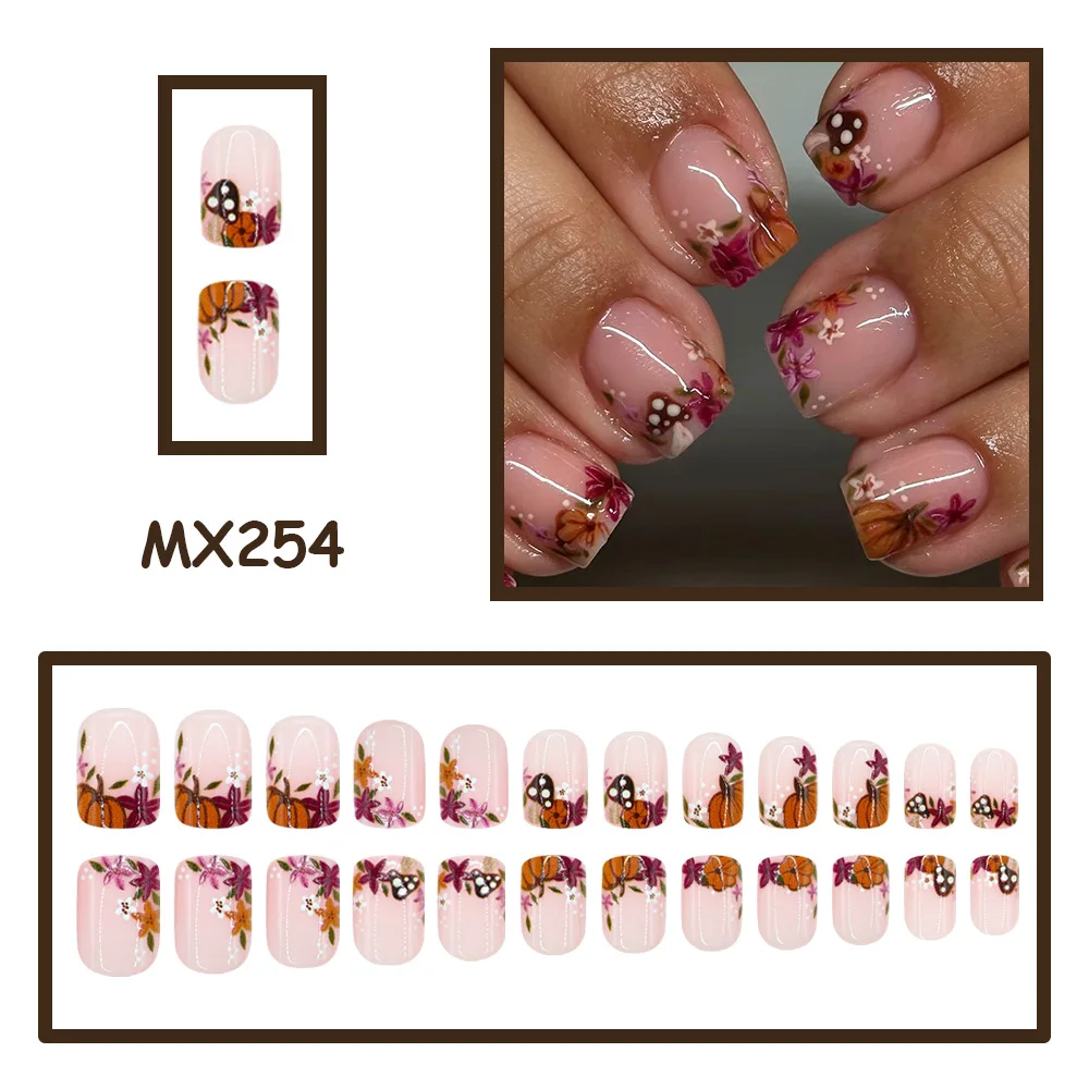 Pumpkin Nails Press on Nails Maple Leafs Fake Nails Reusable Finished Full Cover Nails Tips False Nails mushroom Press on Nails - view 2