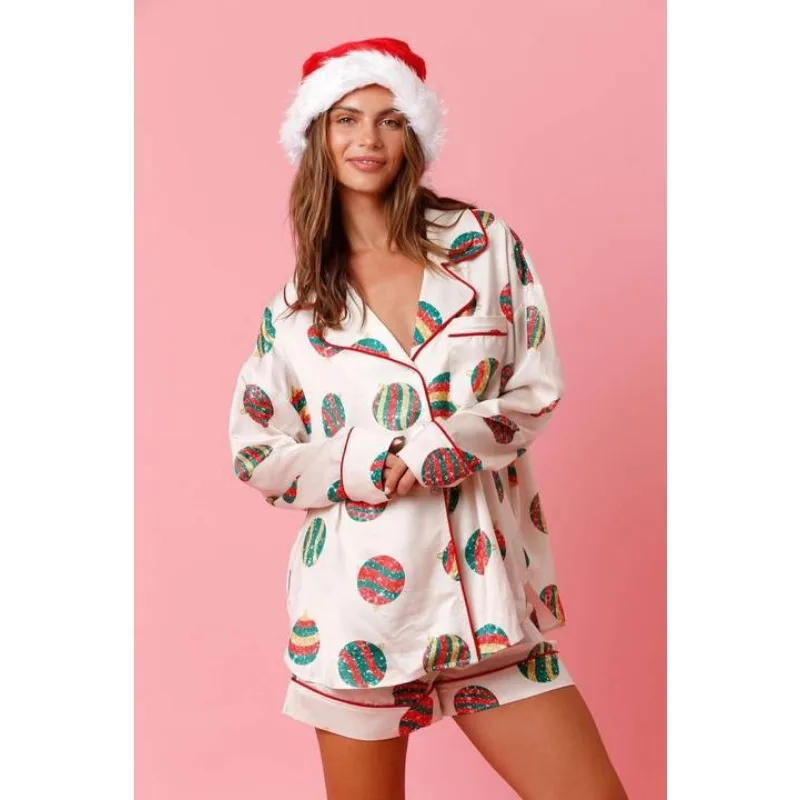 Women Christmas Printed Pajamas Home Two-Piece Suit Women Long-Sleeved Single-Breasted V-neck Shirt Elastic Waist Shorts Suit