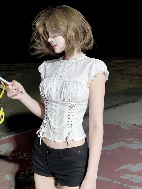 

Retro Pleated Button Lace Trim Bubble Sleeve Slim Fit Short Sleeve T Shirt Waist Cinching Slimming Top Summer Casual Style