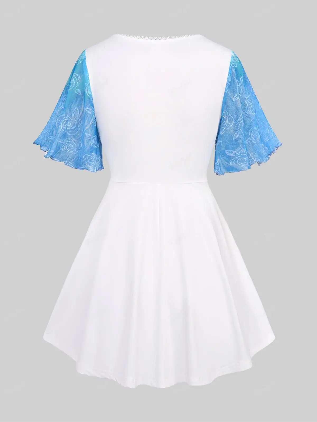 ROSEGAL Plus Size Rose Mesh Flower Buckle Lace Trim Ruffles Ruched Flutter Sleeve 2 In 1 T-shirt 2024 New Women\'s Tops