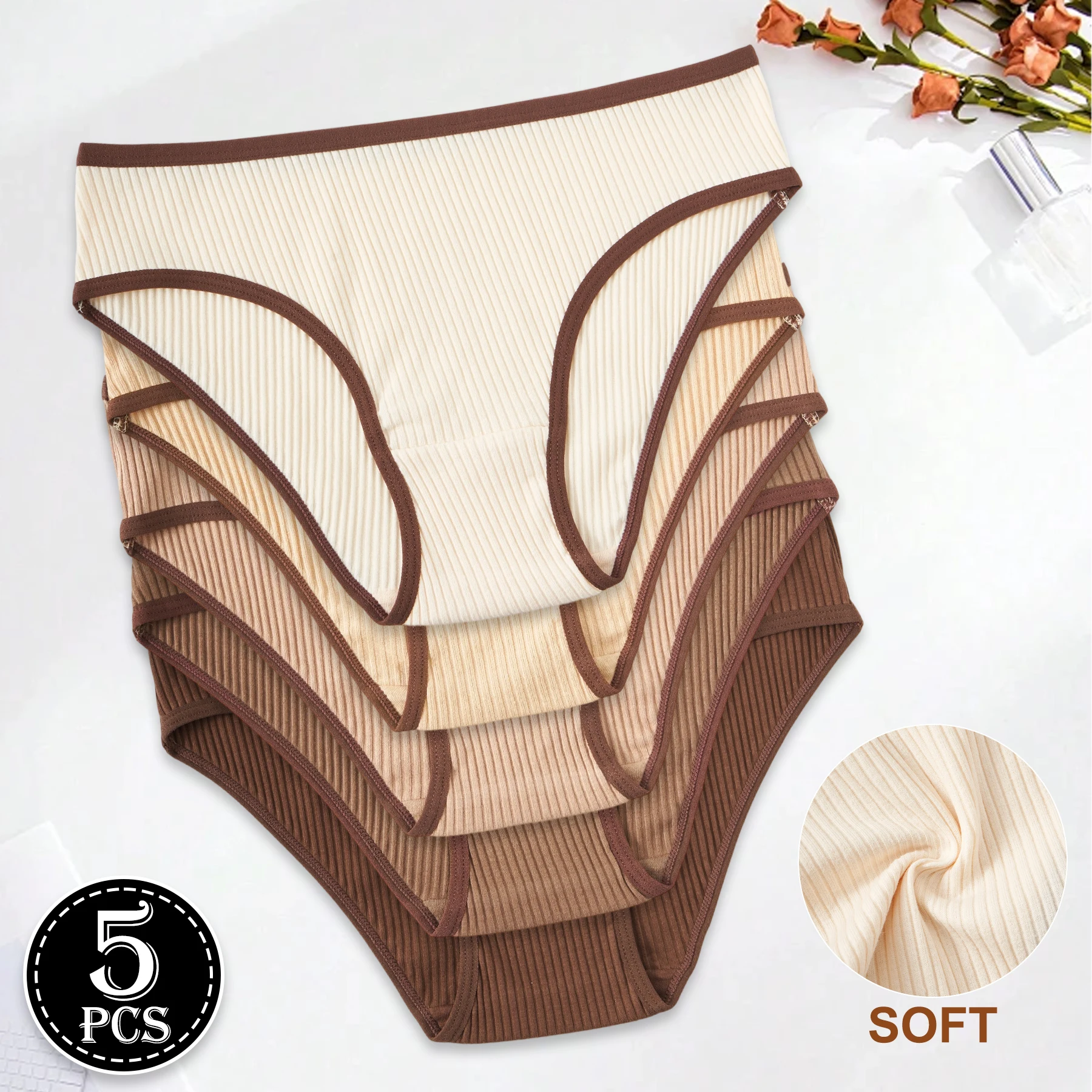 5PCS Maillard Color Sports Style Cotton Women's Panties Girls' Underwear Low-Rise Striped Breathable Female Soft Briefs Lingerie