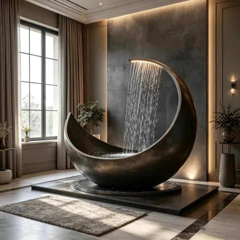 Dark bronze fiberglass half moon bath with integrated waterfall