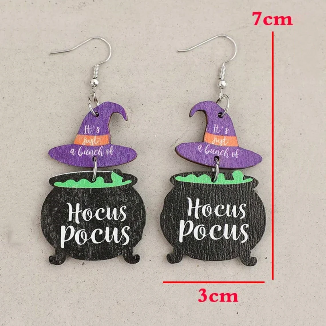 Cute Wooden Hocus Pocus Earrings For Women Cartoon Halloween Silver Color Hook Earings Purple Magic Hat Shape Chic Jewelry