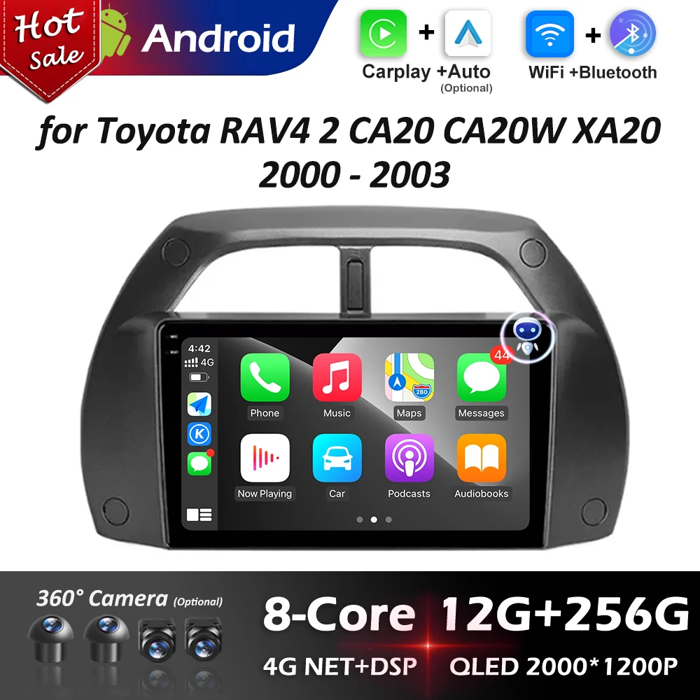 Carplay Car Radio Multimedia player 9'' for Toyota RAV4 2 CA20 CA20W XA20 2000 - 2003 Navi GPS HD Screen WiFi Android System BT