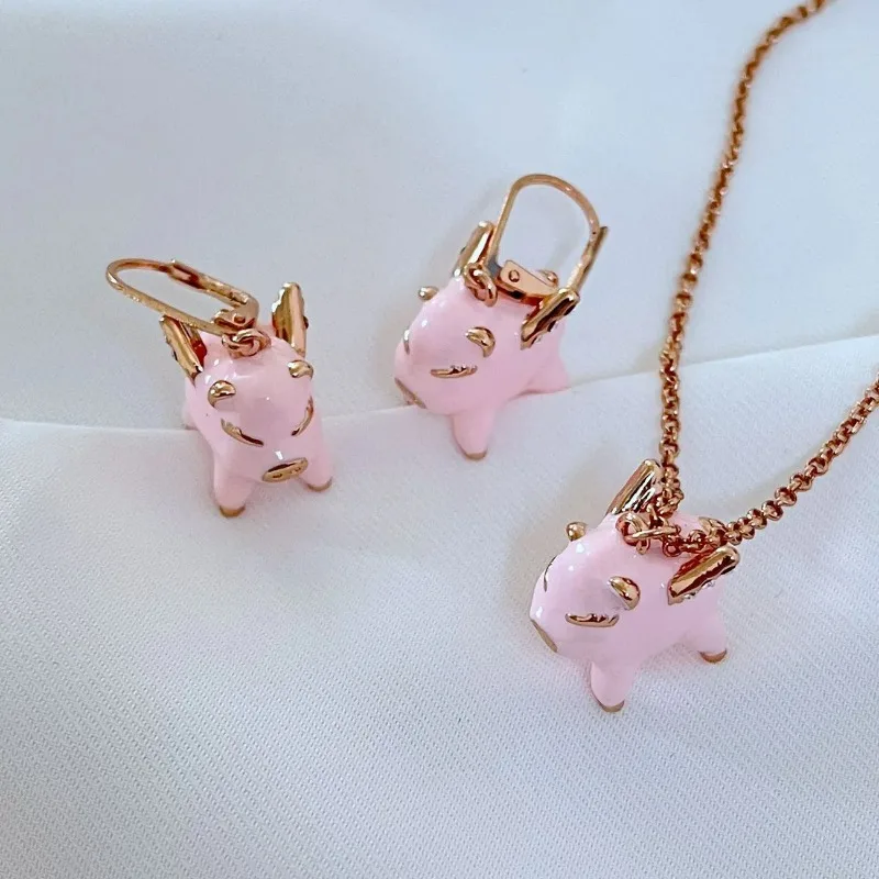 Cute Sweet Mini Funny Hand Drawn Enamel Pink Flying Pig Hero, French Academy Style Female Best Friend Sweet Earrings Necklace