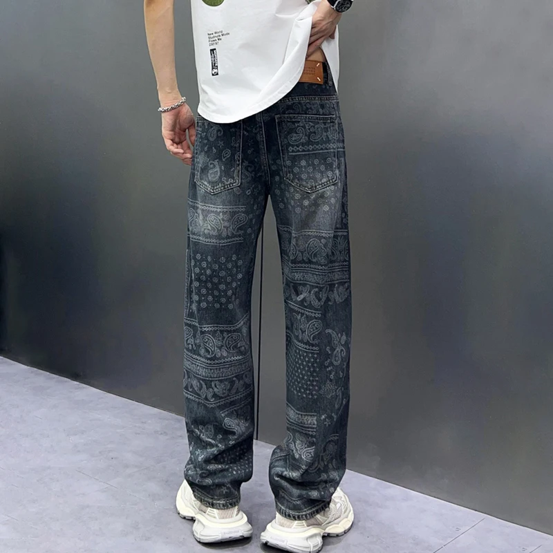 spring and summer Non-stretchy 100% Cotton Denim Jeans For Men Loosen Streetwear Ink Sprayed Pants 2024 new product