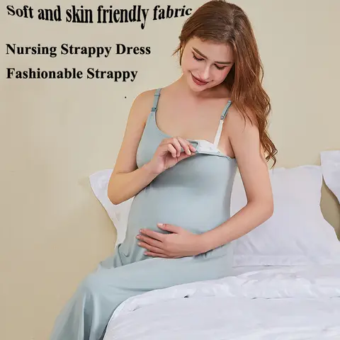 Women's Maternity Nursing Tank Dress with Built-in Bra Breastfeeding Long Sleeveless Nightdress for Pregnant Nursing Mothers