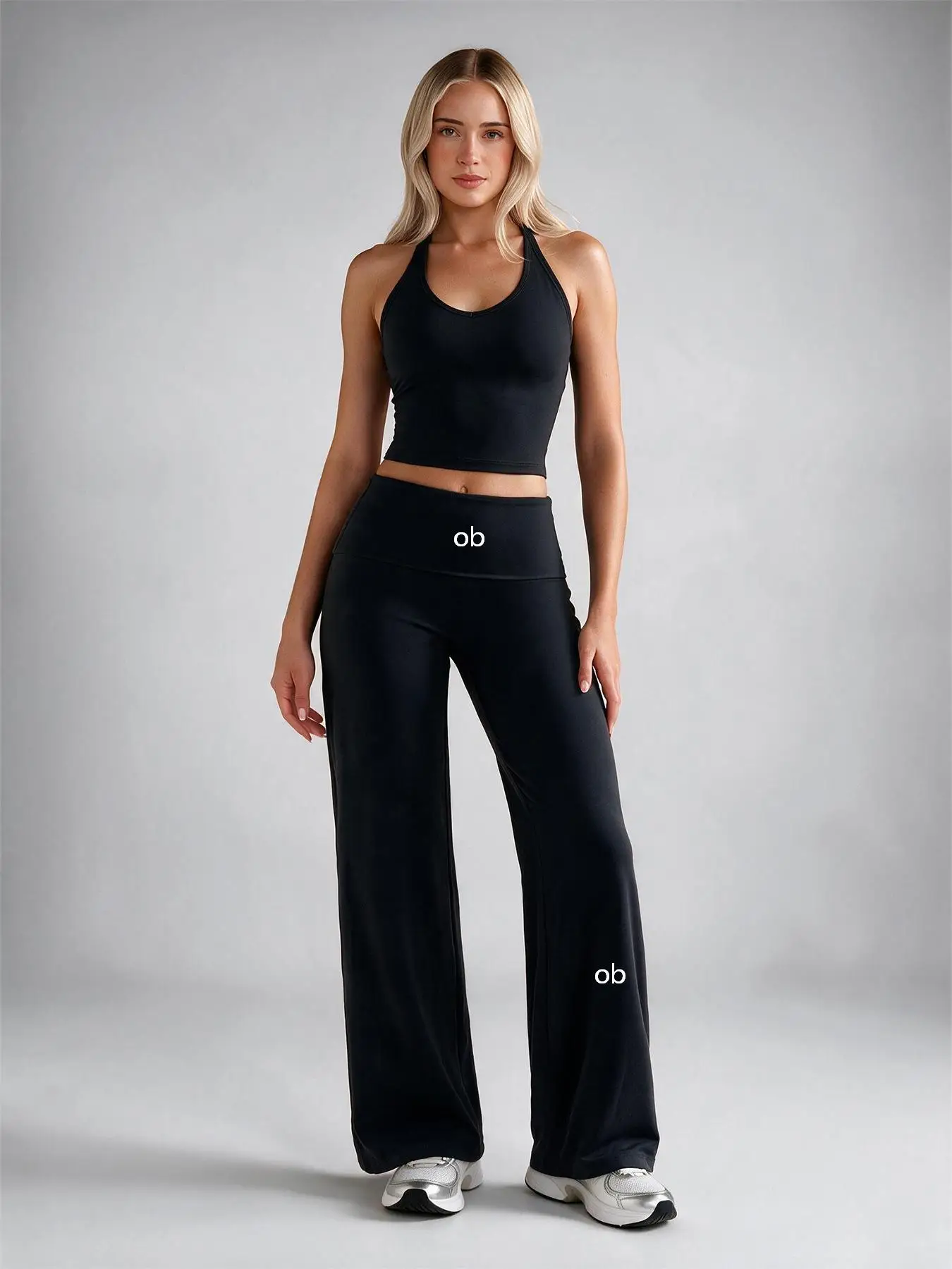 New women's neck hanging short vest flip waist wide leg pants two-piece set, high elasticity slim fit casual fitness yoga set