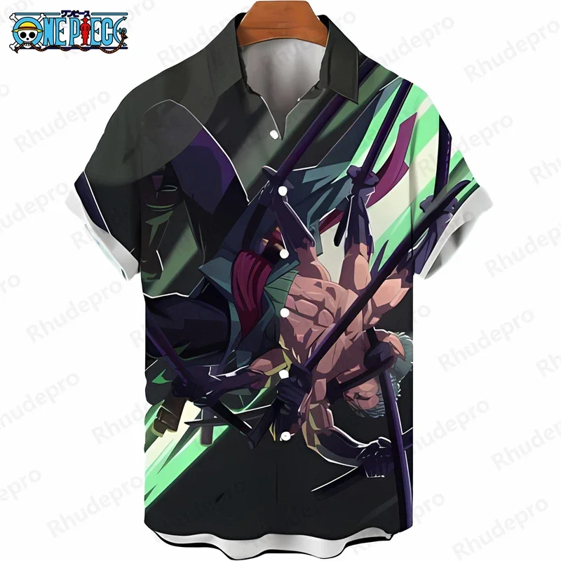 Men's Fashion One Piece Hawaiian Shirt Summer Anime Print Short Sleeve Loose Tropical Vacation Shirt Tops Anime Kids Clothes