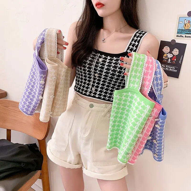 OUMEA Women Summer Knitting Tank Tops Strappy Houndstooth Crop Tops With Pearl Buttons Picto Edge Vintage Box Casual Tops