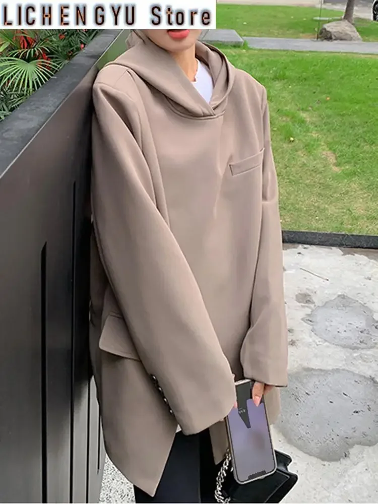 Women Slit Irregular Big Size Blazer New Hooded Long Sleeve Loose Fit Jacket Fashion Tide Spring Autumn