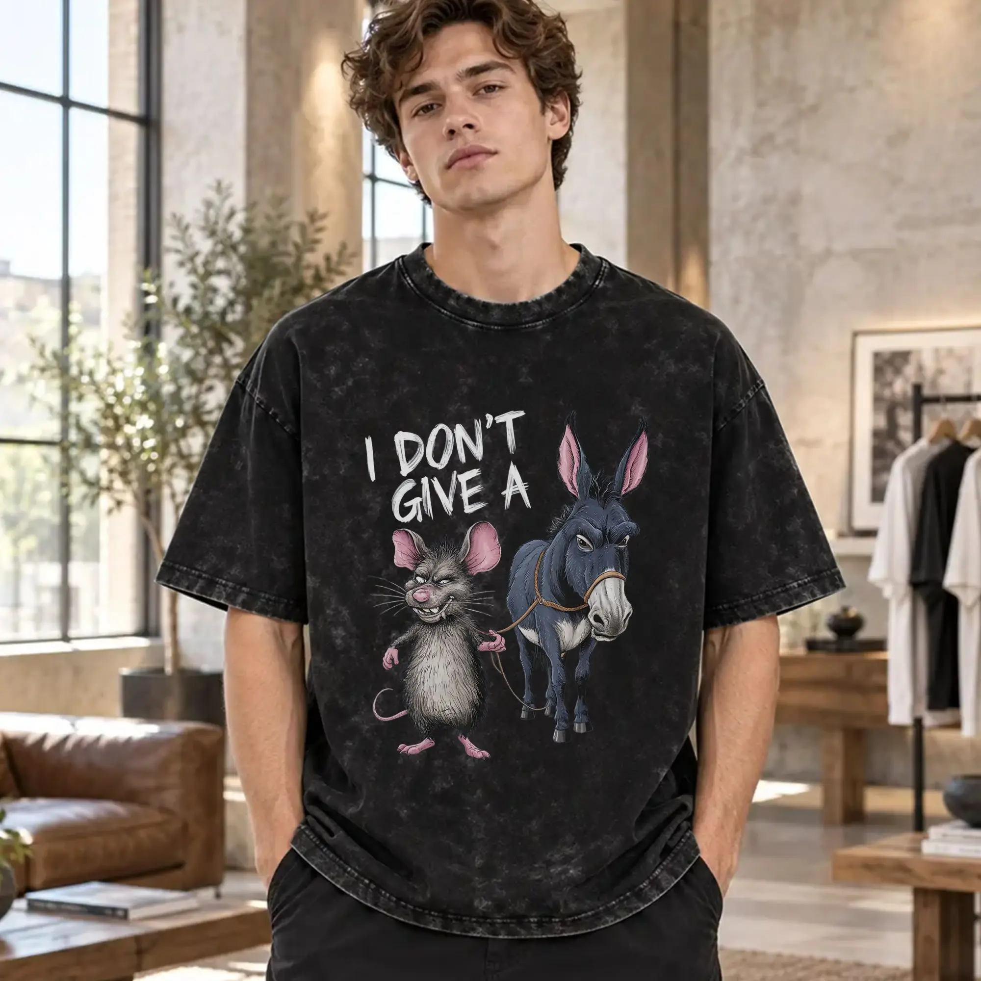 I Don't Give a Rats Ass Mouse Donkey Funny Men T Shirt Washed  Vintage Tees Short Sleeve Crewneck T-Shirts Summer Clothes