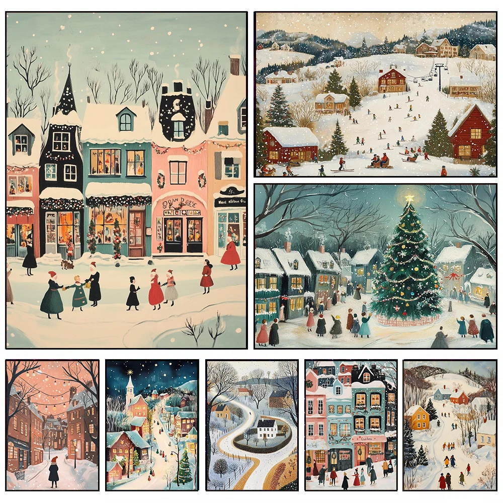Acogedor invierno nieve Navidad pueblo vacaciones paisaje cartel lienzo pintura pared arte imágenes hogar granja decoración
